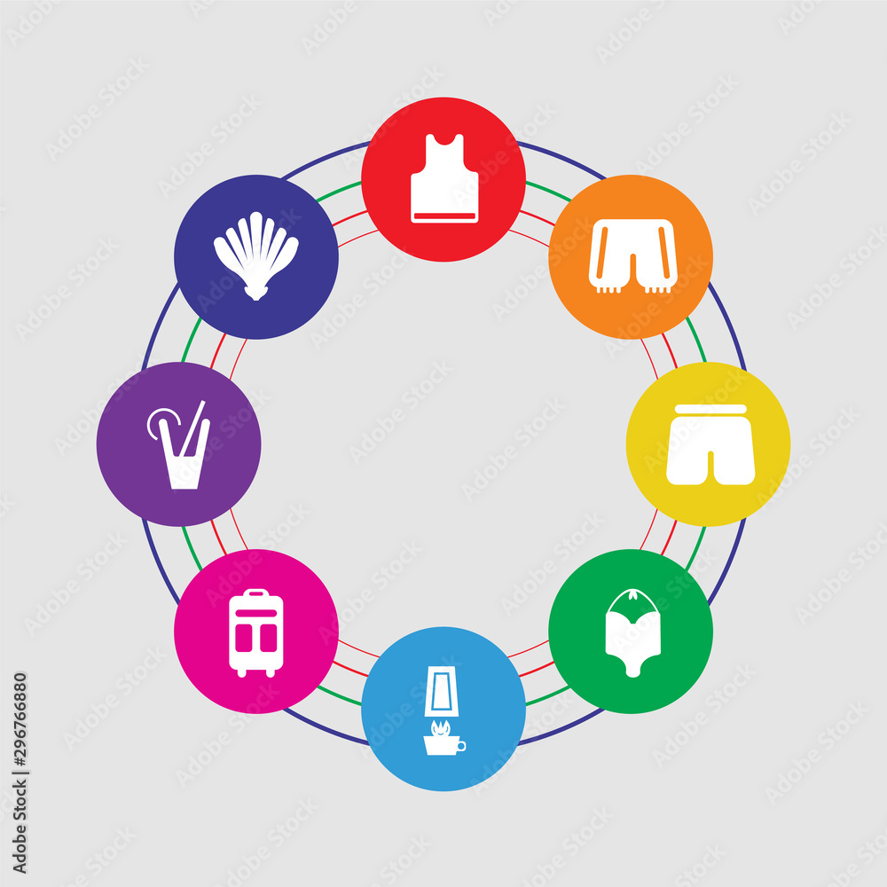 8 colorful round icons set included seashell, cocktail, backpack, lantern, swimsuit, swimsuit, shorts, sleeveless 8 colorful round icons set included seashell, cocktail, backpack, lantern, swimsuit, swimsuit, shorts, sleeveless