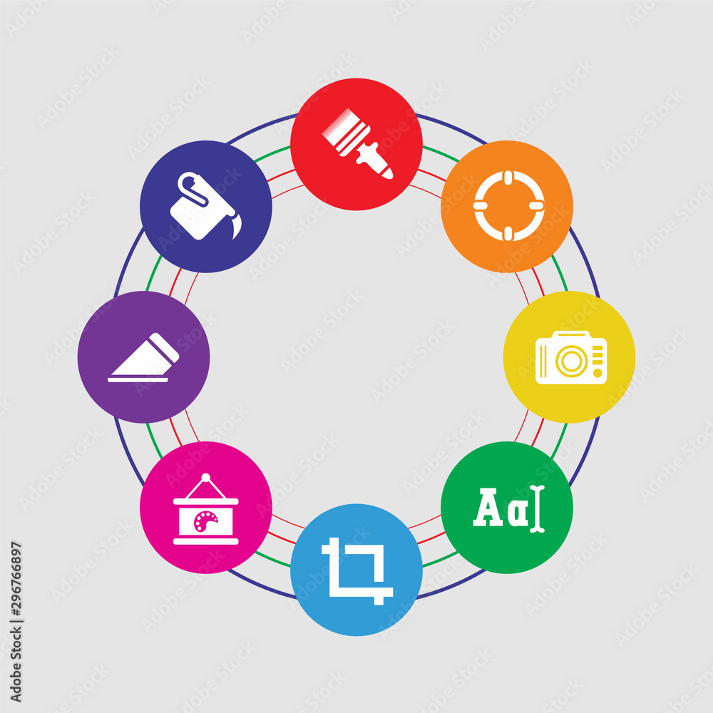 8 colorful round icons set included paint bucket, eraser, canvas, crop, font, photo camera, circle, paint brush 8 colorful round icons set included paint bucket, eraser, canvas, crop, font, photo camera, circle, paint brush