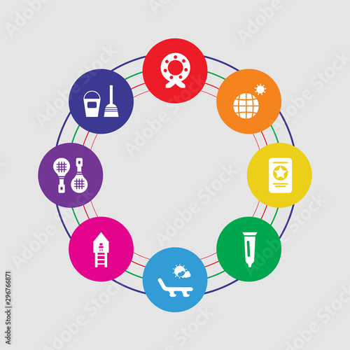 8 colorful round icons set included sand bucket, rackets, lifeguard, sunbed, sun cream, passport, planet earth, wreath