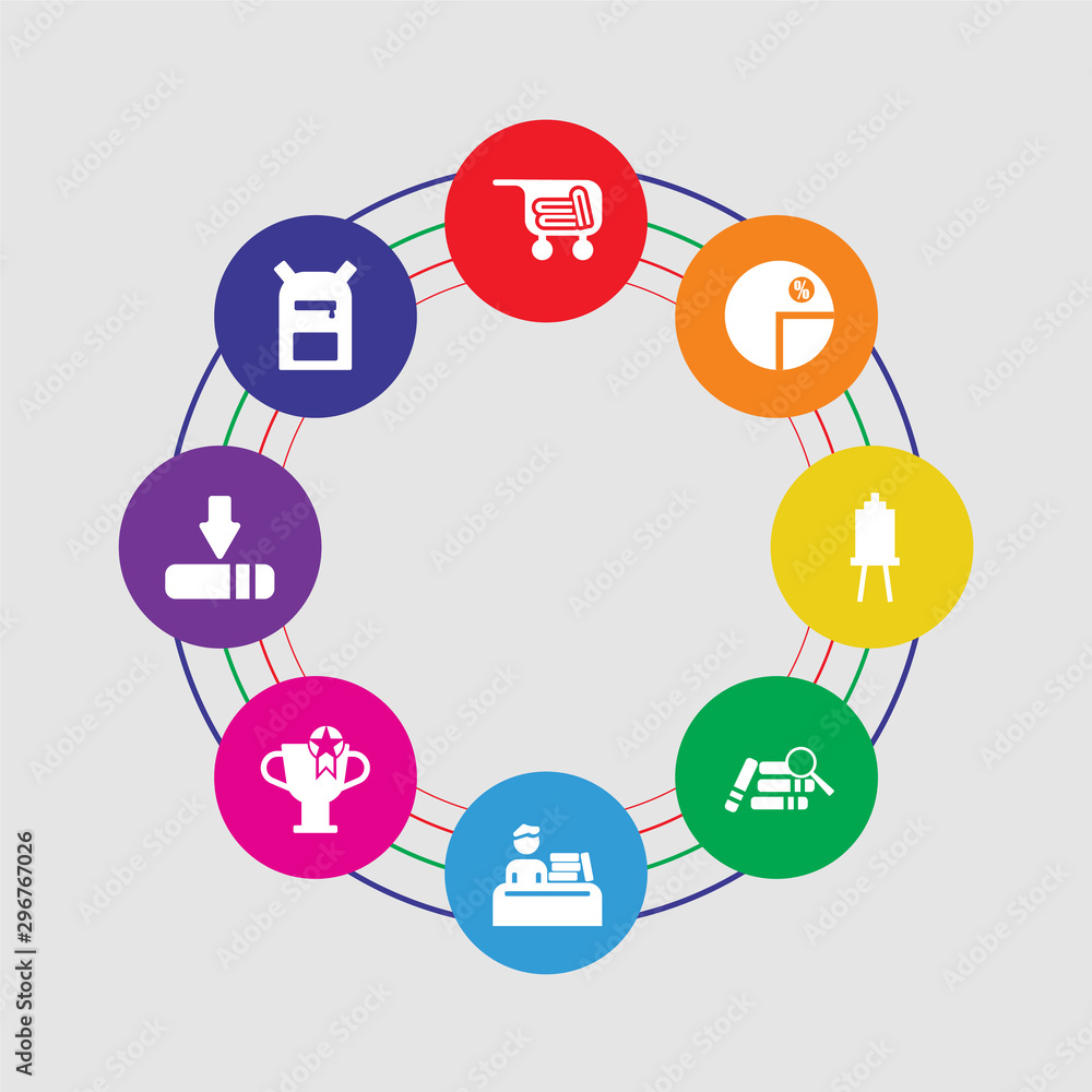 8 colorful round icons set included school bag, window scrolling medium, big trophy, student and books, research with books, canvas, pie chart, cart with books 8 colorful round icons set included school bag, window scrolling medium, big trophy, student and books, research with books, canvas, pie chart, cart with books