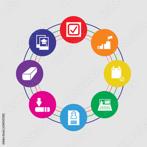 8 colorful round icons set included graduation pictures, eraser, window scrolling left, application form, online class, application form, steps to complete, check mark