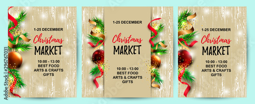 Merry Christmas, Happy New Year cards set with new year tree, red and golden balls on wood background.  Great for invites, sale, greetings, christmas market, flyer. Place for text. Vector illustration