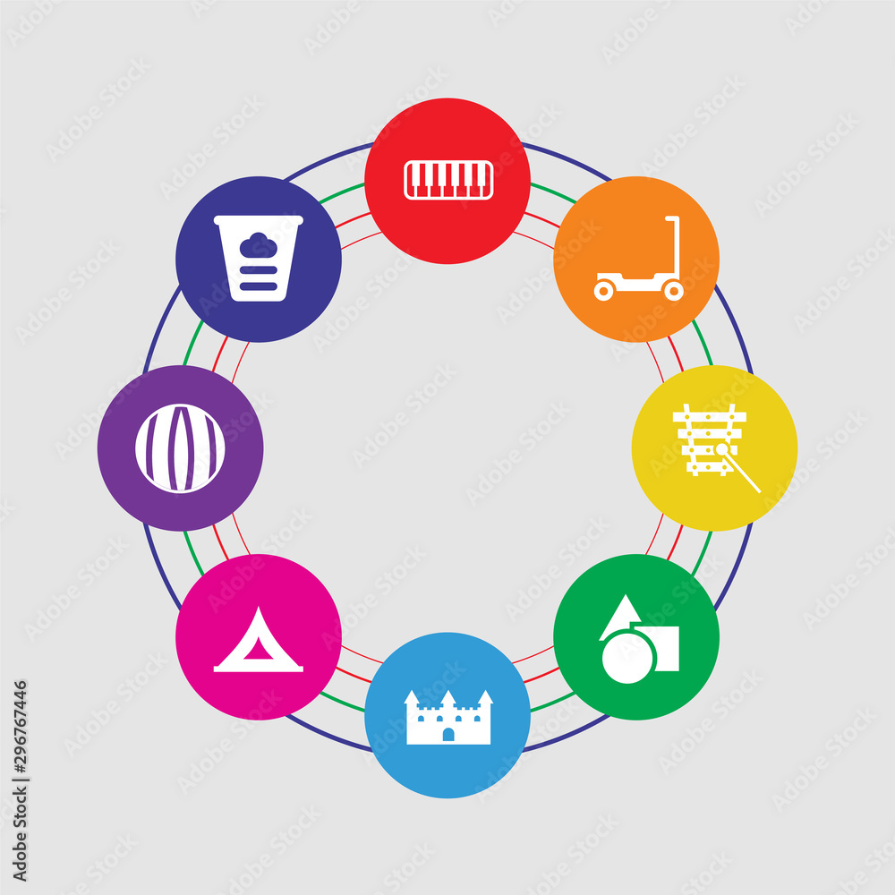 8 colorful round icons set included dough toy, beach ball toy, tent toy, castle shapes xylophone scooter keyboard 8 colorful round icons set included dough toy, beach ball toy, tent toy, castle shapes xylophone scooter keyboard