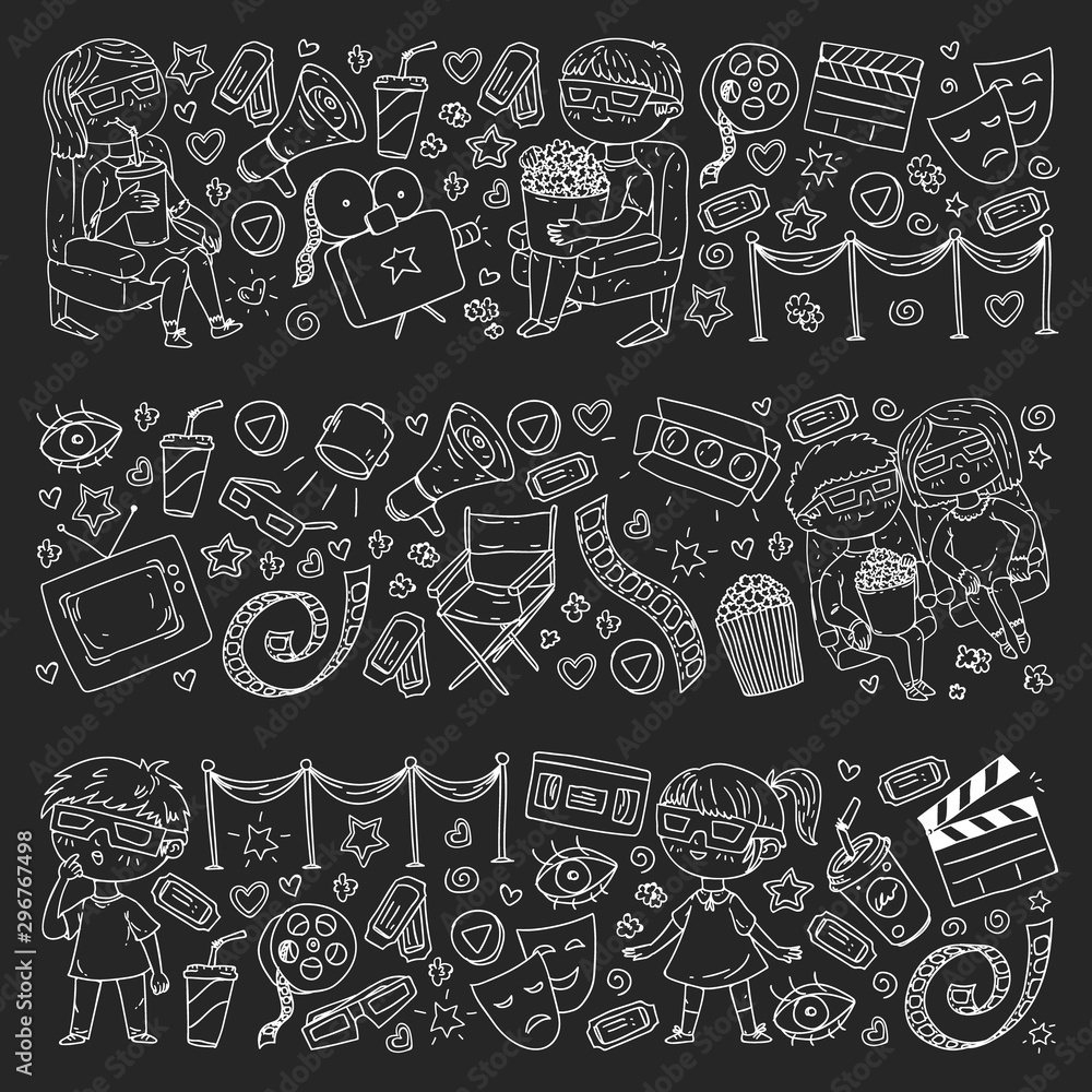 Cinema pattern with vector icons for wrapping paper, posters, backgrounds, tickets.