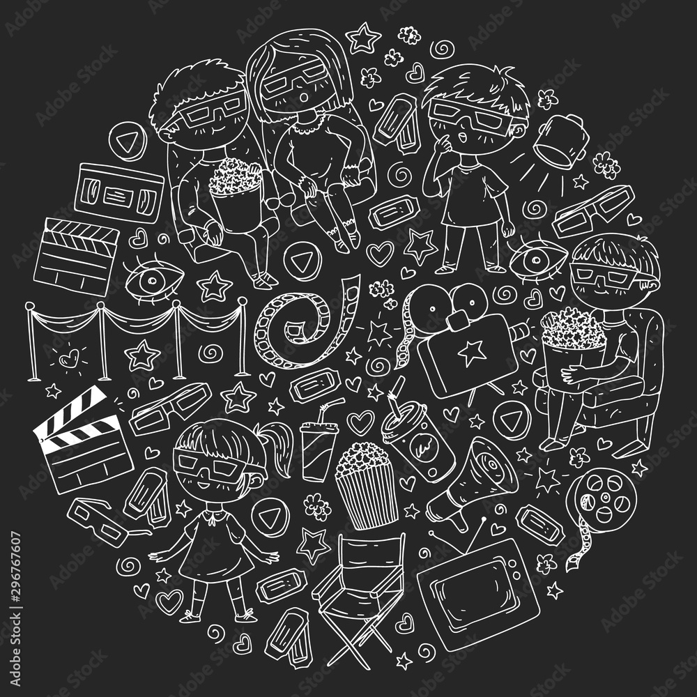 Cinema pattern with vector icons for wrapping paper, posters, backgrounds, tickets. Cinema pattern with vector icons for wrapping paper, posters, backgrounds, tickets.