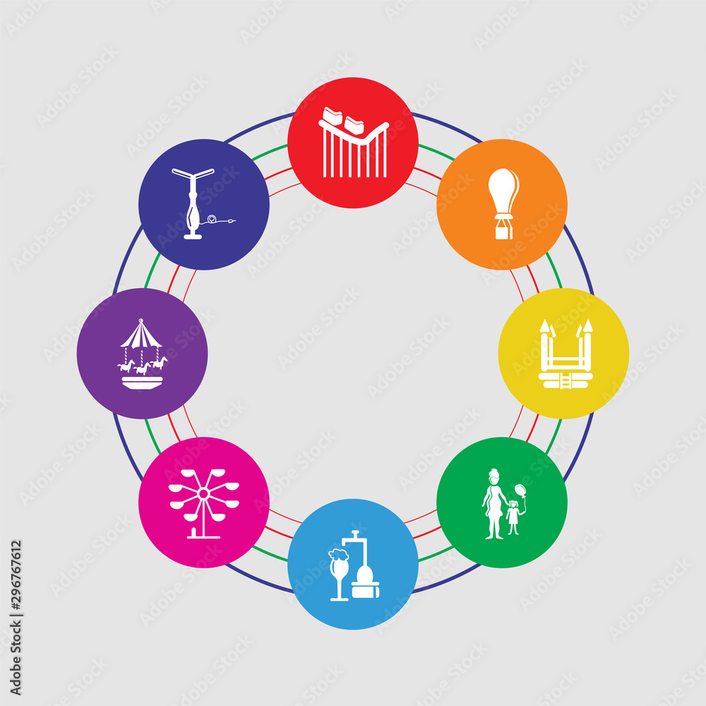 Fotografie 8 colorful round icons set included air pump, carousel, ferris wheel, beer tap,