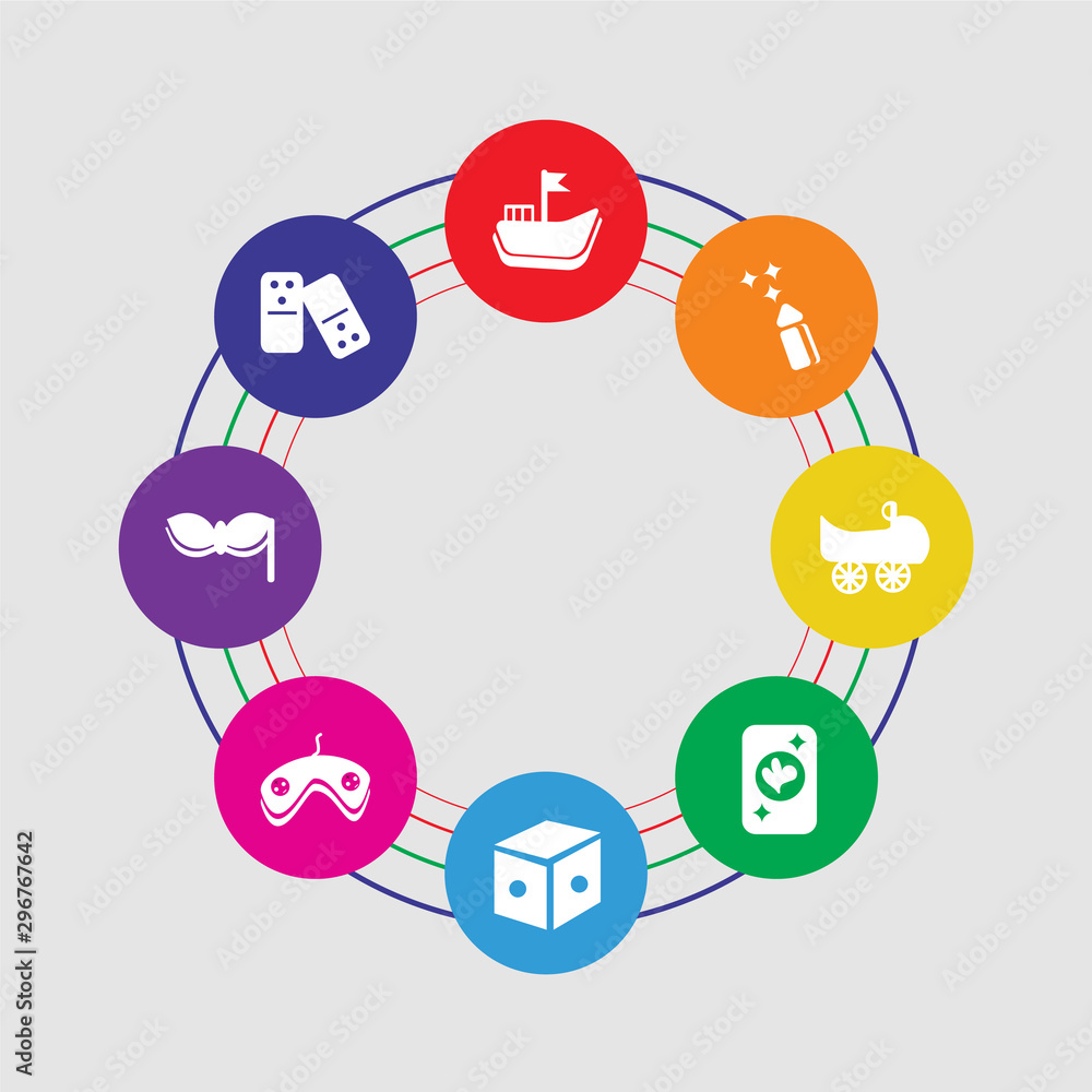 8 colorful round icons set included domino, eye mask, gamepad, dice, ace of clubs, bumper car, party hat, sailing boat 8 colorful round icons set included domino, eye mask, gamepad, dice, ace of clubs, bumper car, party hat, sailing boat