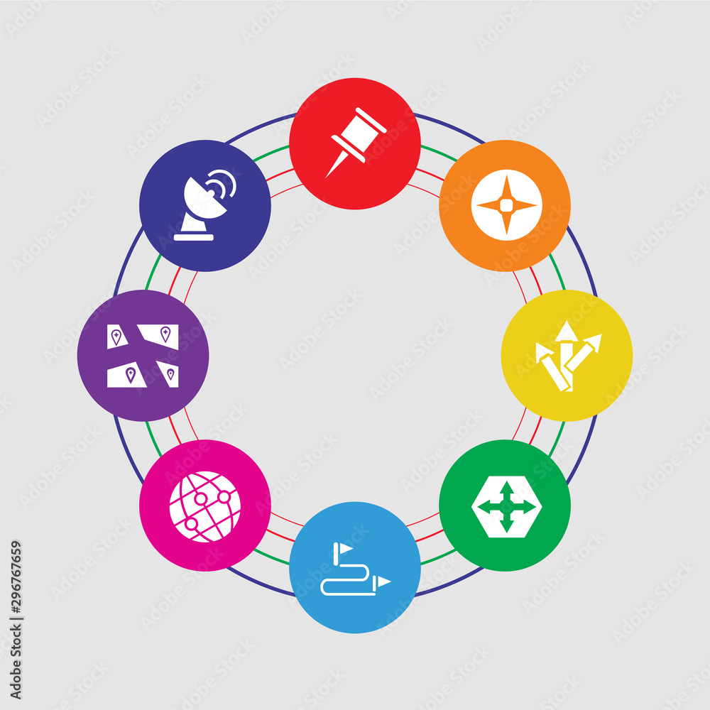 8 colorful round icons set included radar, map, world, route, move, turn, windrose, push pin 8 colorful round icons set included radar, map, world, route, move, turn, windrose, push pin
