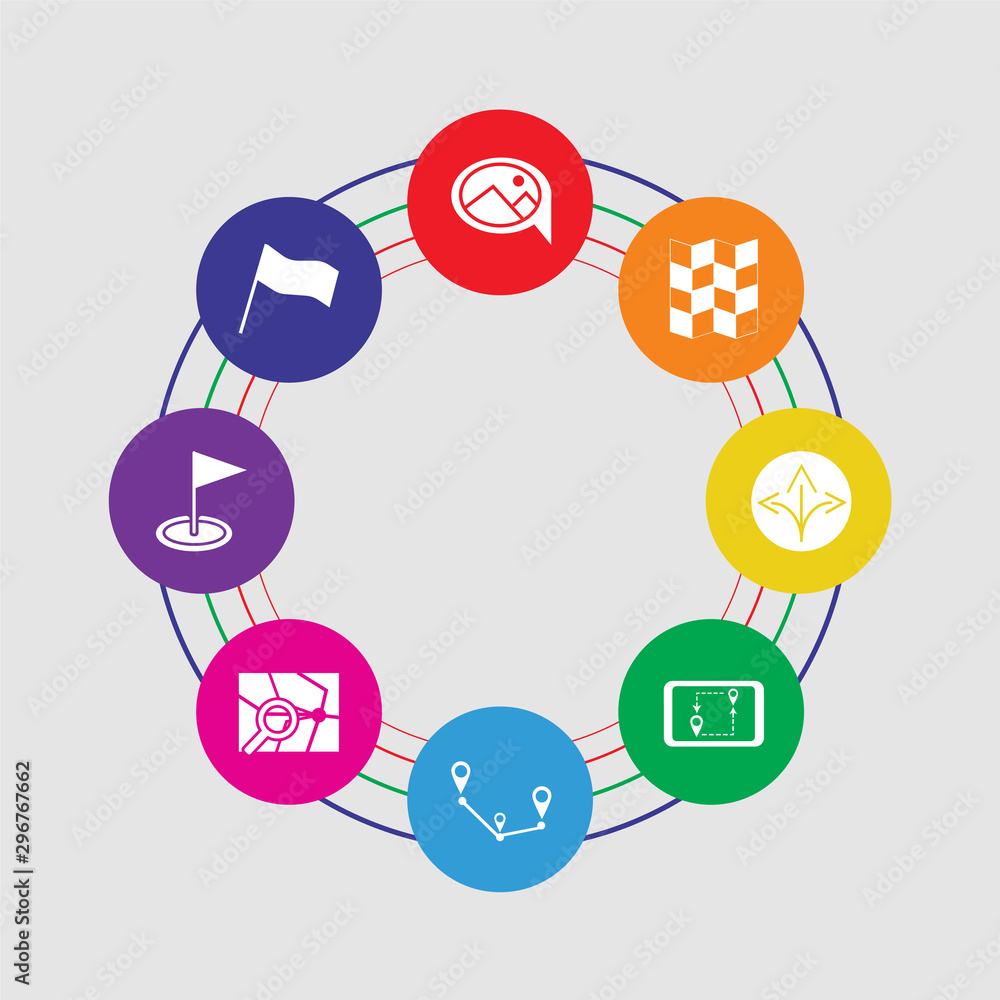 8 colorful round icons set included flag, pin, map, route, location, turn, map, chat 8 colorful round icons set included flag, pin, map, route, location, turn, map, chat
