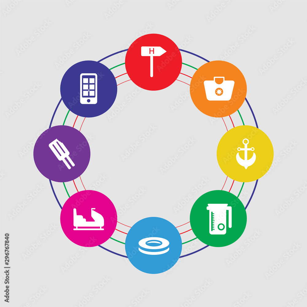 8 colorful round icons set included smartphone, ice cream, ski, lifesaver, lemonade, anchor, shopping basket, hotel 8 colorful round icons set included smartphone, ice cream, ski, lifesaver, lemonade, anchor, shopping basket, hotel
