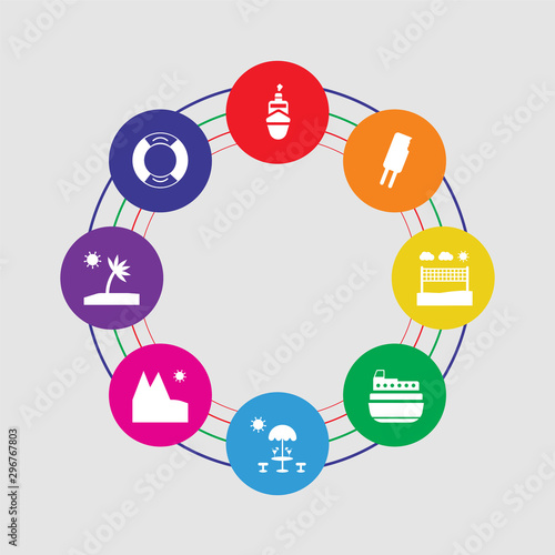 8 colorful round icons set included lifesaver, island, mountain, terrace, ship, beach volleyball, ice cream, ship