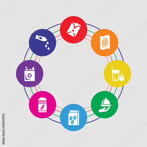 8 colorful round icons set included water, groceries, peanut butter, coffee bag, food serving, juice, invoice, burrito