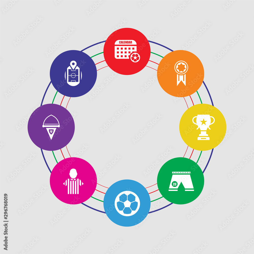 8 colorful round icons set included pin, pennant, referee, soccer ball, football shorts, trophy, badge, calendar 8 colorful round icons set included pin, pennant, referee, soccer ball, football shorts, trophy, badge, calendar