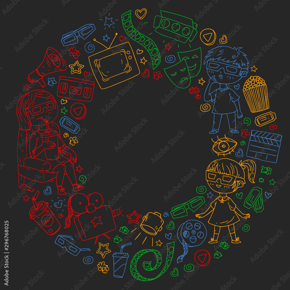 Vector pattern with cinema icons of movie theater, TV, popcorn, video clip.