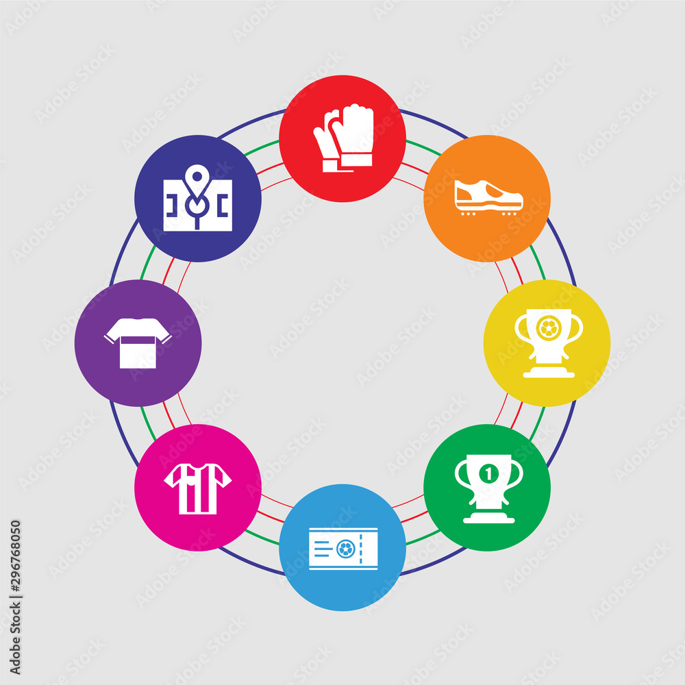 8 colorful round icons set included point, tshirt, referee, ticket, cup, cup, boots, glove 8 colorful round icons set included point, tshirt, referee, ticket, cup, cup, boots, glove