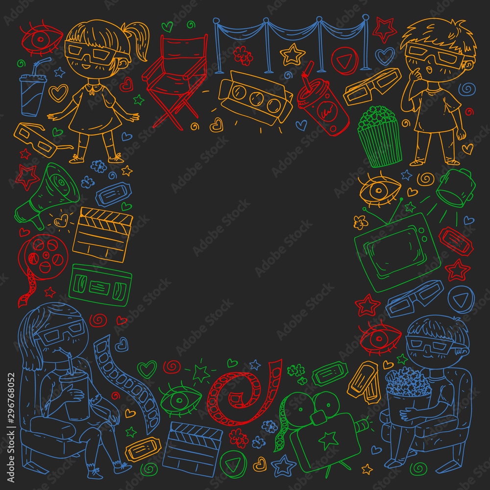 Vector pattern with cinema icons of movie theater, TV, popcorn, video clip. Vector pattern with cinema icons of movie theater, TV, popcorn, video clip.