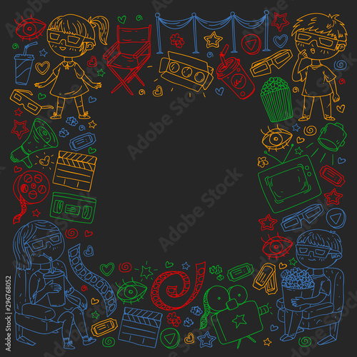 Vector pattern with cinema icons of movie theater  TV  popcorn  video clip.