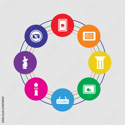 8 colorful round icons set included no photo, venus de milo, dreamcatcher, closed, still life, column, map, pop art