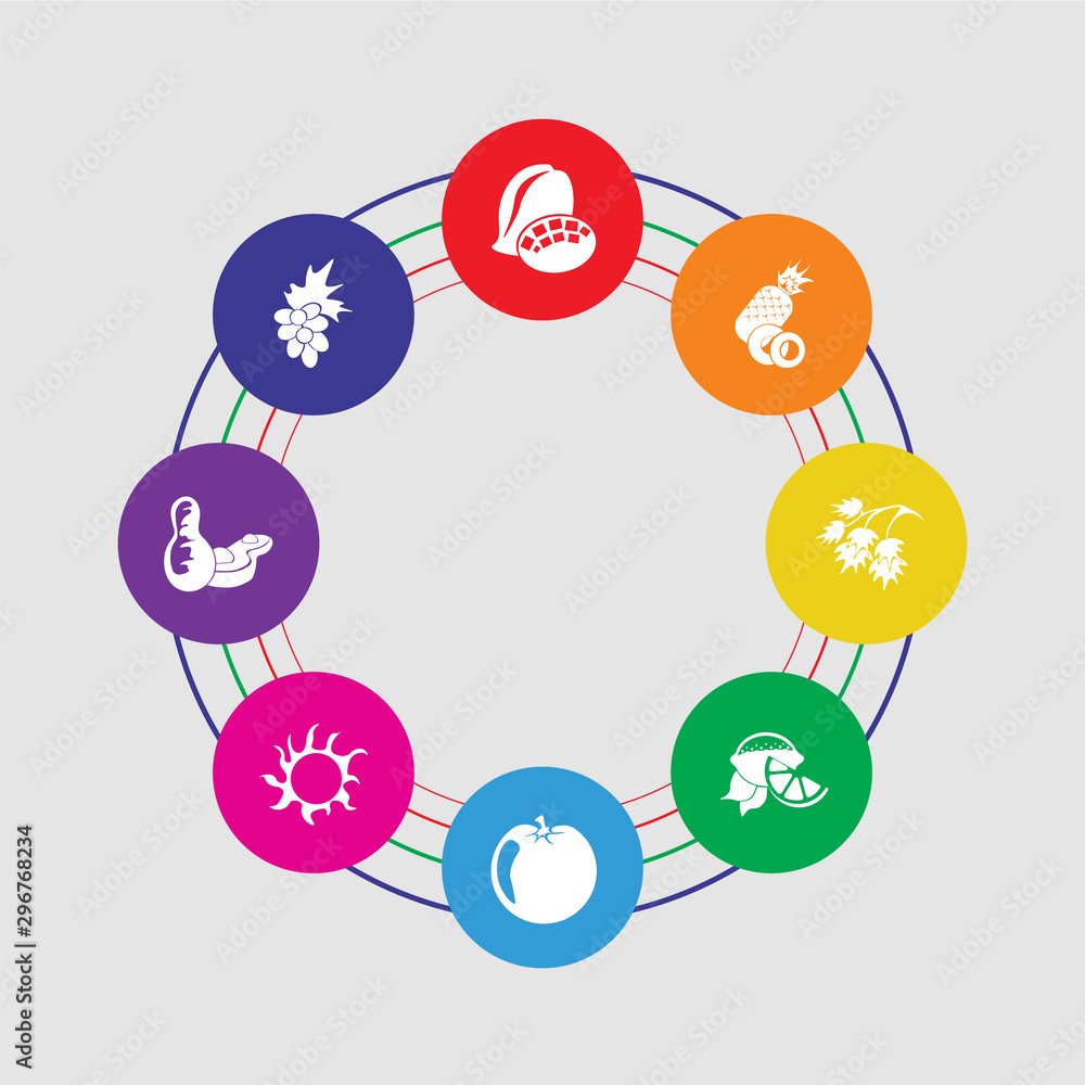 8 colorful round icons set included grapes, peanut, rambutan, tomato, lemon, parsley, pineapple, mango 8 colorful round icons set included grapes, peanut, rambutan, tomato, lemon, parsley, pineapple, mango