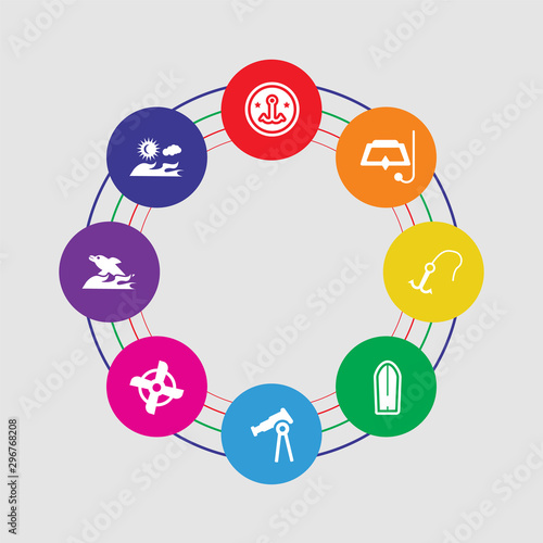 8 colorful round icons set included sun, dolphin, boat engine, telescope, surfboard, hook, snorkel, hook