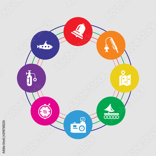 8 colorful round icons set included submarine facing right, double air tank, compass inclined, water resist camera, wood raft, folded map with placeholder, fishing rod, big bell