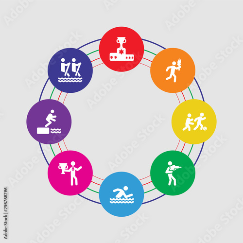 8 colorful round icons set included canoe, water sport, winner, swimmer, shoot, football, torch, podium