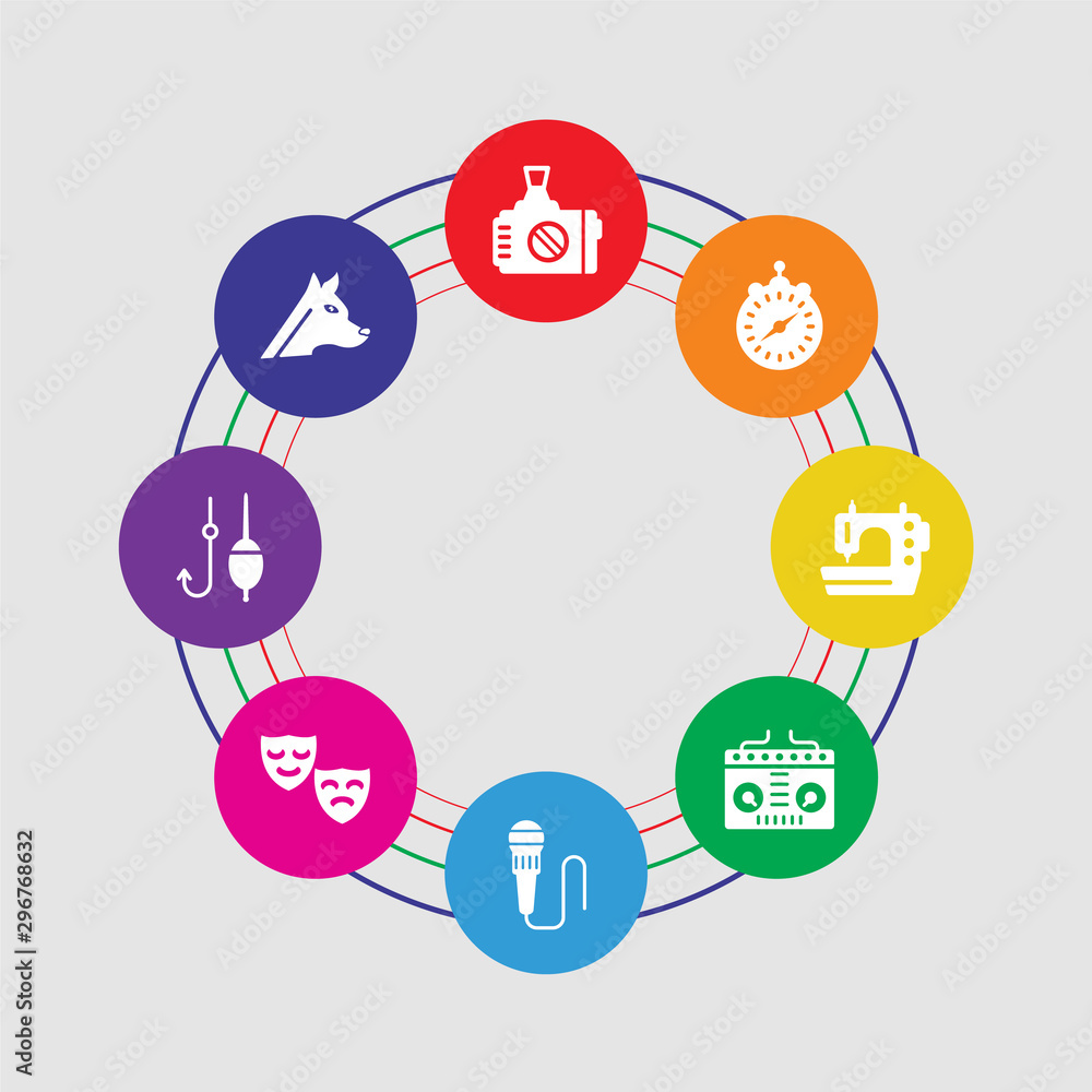 8 colorful round icons set included dog breeder, fisher, actor, tv correspondent, dj, seamstrees, traveler, photographer 8 colorful round icons set included dog breeder, fisher, actor, tv correspondent, dj, seamstrees, traveler, photographer