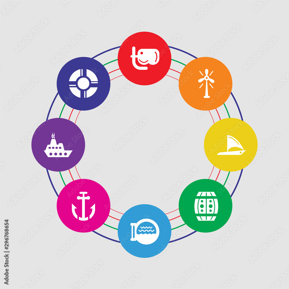 8 colorful round icons set included rescue tube, cargo ship front view, sailboat anchor, boat porthole, big barrel, round sailboat, boat engine, diving mask 8 colorful round icons set included rescue tube, cargo ship front view, sailboat anchor, boat porthole, big barrel, round sailboat, boat engine, diving mask