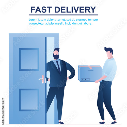 Fast delivery concept. Man opened the door to the courier. Deliveryman with box.
