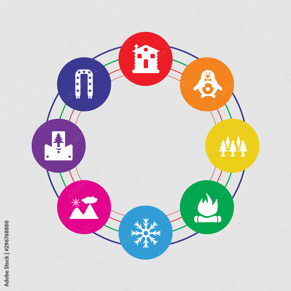 8 colorful round icons set included scarf, christmas card, mountain, cold, bonfire, forest, penguin, cabin 8 colorful round icons set included scarf, christmas card, mountain, cold, bonfire, forest, penguin, cabin