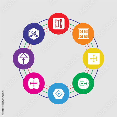 8 colorful round icons set included projection, sulphur, friendship, soap, spirit, spirit, year, perseverance