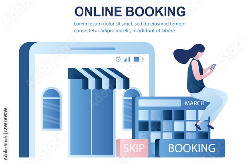 Hotel or apartments online booking. Female character sitting on calendar and reservating room.
