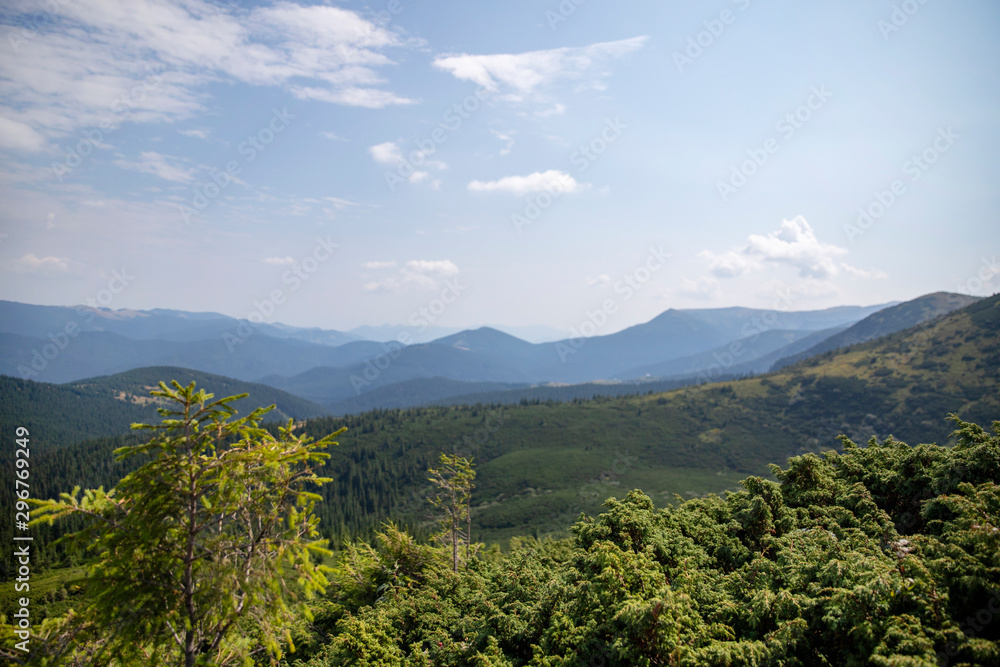 Beautiful landscape of mountains and forests against the blue sky. Travel concept.