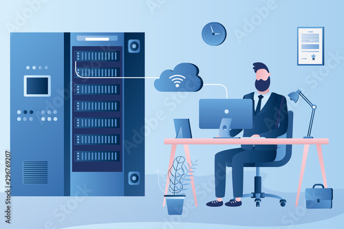 Handsome system administrator online monitors the operation of servers.