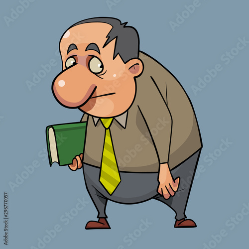 cartoon sad scared man standing with a book in his hand
