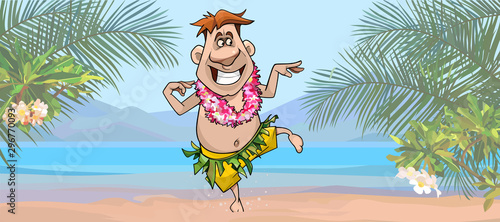 cartoon tourist having fun on the beach in Hawaii