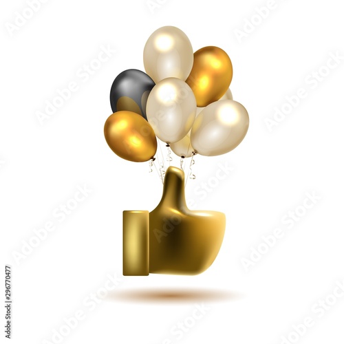 Big gold sign on balloons, on white background.