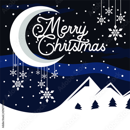 Merry christmas greetings banner with mountain, moon, snowflakes, cloud and blue sky vector illustration