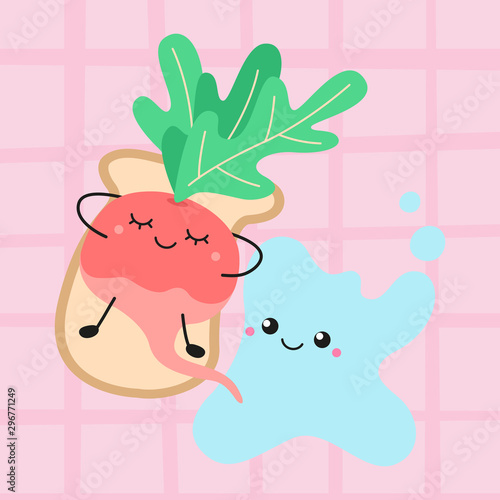 cute radish lies on toast near a puddle of milk, kawaii radish, kawaii milk