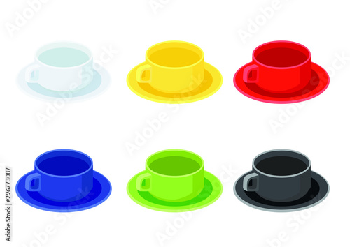 coffee cup on saucer on white background illustration vector and many coffee cups multi color White yellow red blue green black 