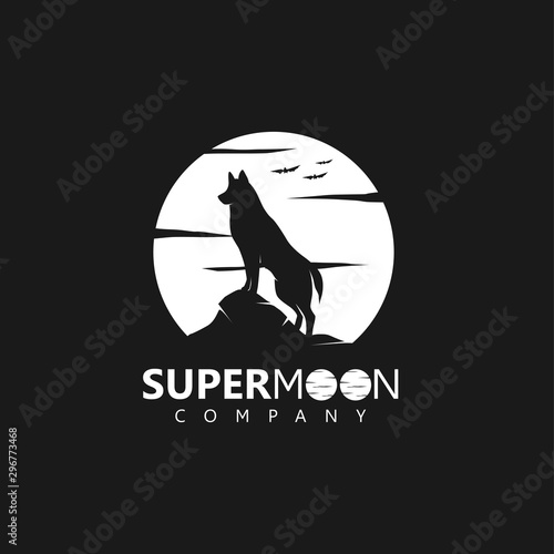 Supermoon with silhouette wolf / dog in the midnight