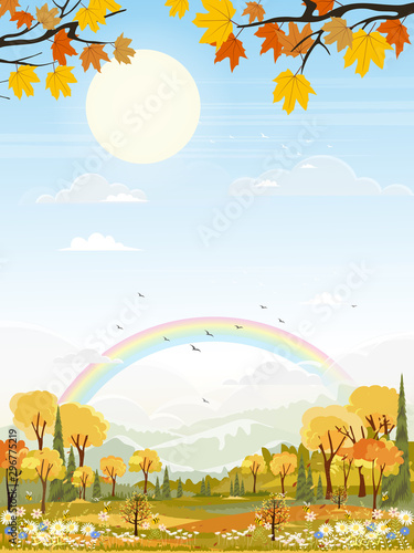 Vector landscapes of cute cartoon village in mid autumn with field and bee collecting pollen on flowers wild flower in yellow foliage.