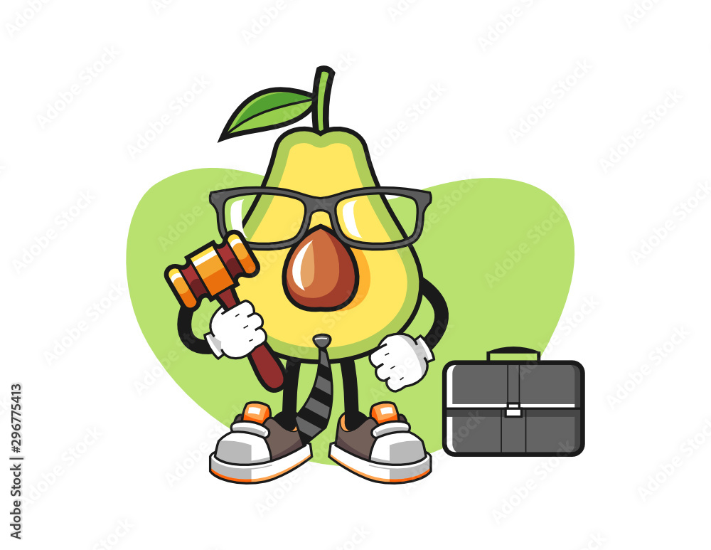 Obraz premium Avocado lawyer mascot design vector. Cartoon character illustration for business, t shirt, sticker.