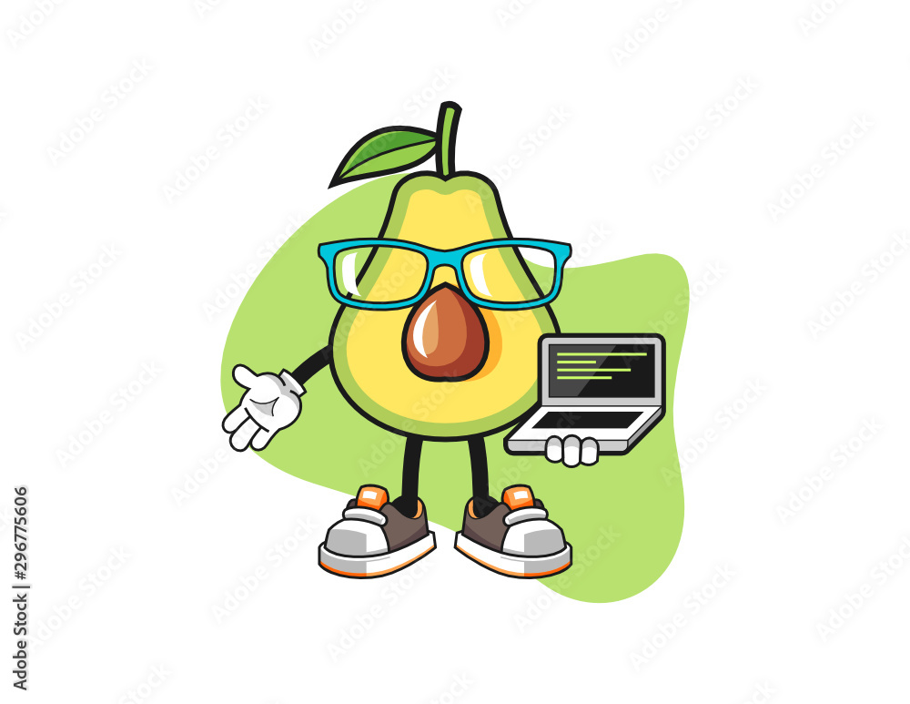 Avocado programmer mascot design vector. Cartoon character illustration for business, t shirt, sticker. Avocado programmer mascot design vector. Cartoon character illustration for business, t shirt, sticker.