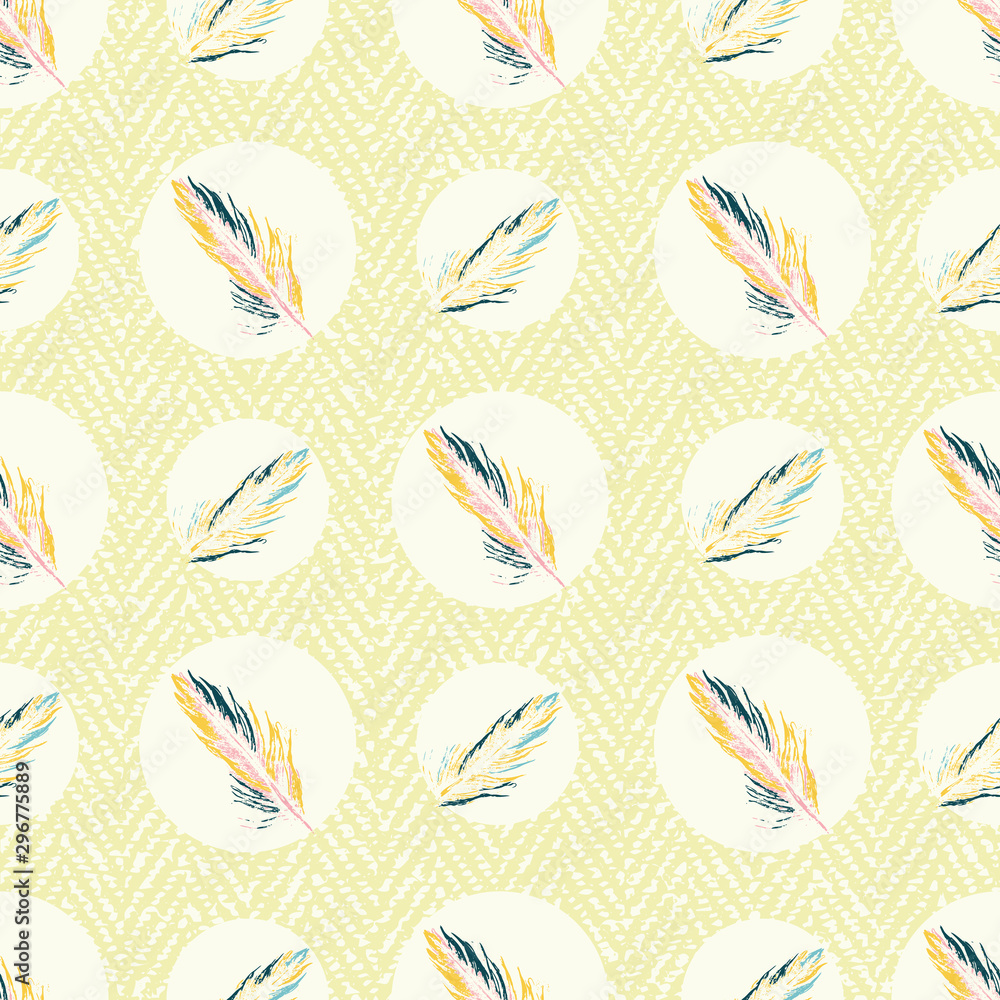 Colorful feathers in circles on textured textile background. Seamless vector pattern design print. Colorful feathers in circles on textured textile background. Seamless vector pattern design print.