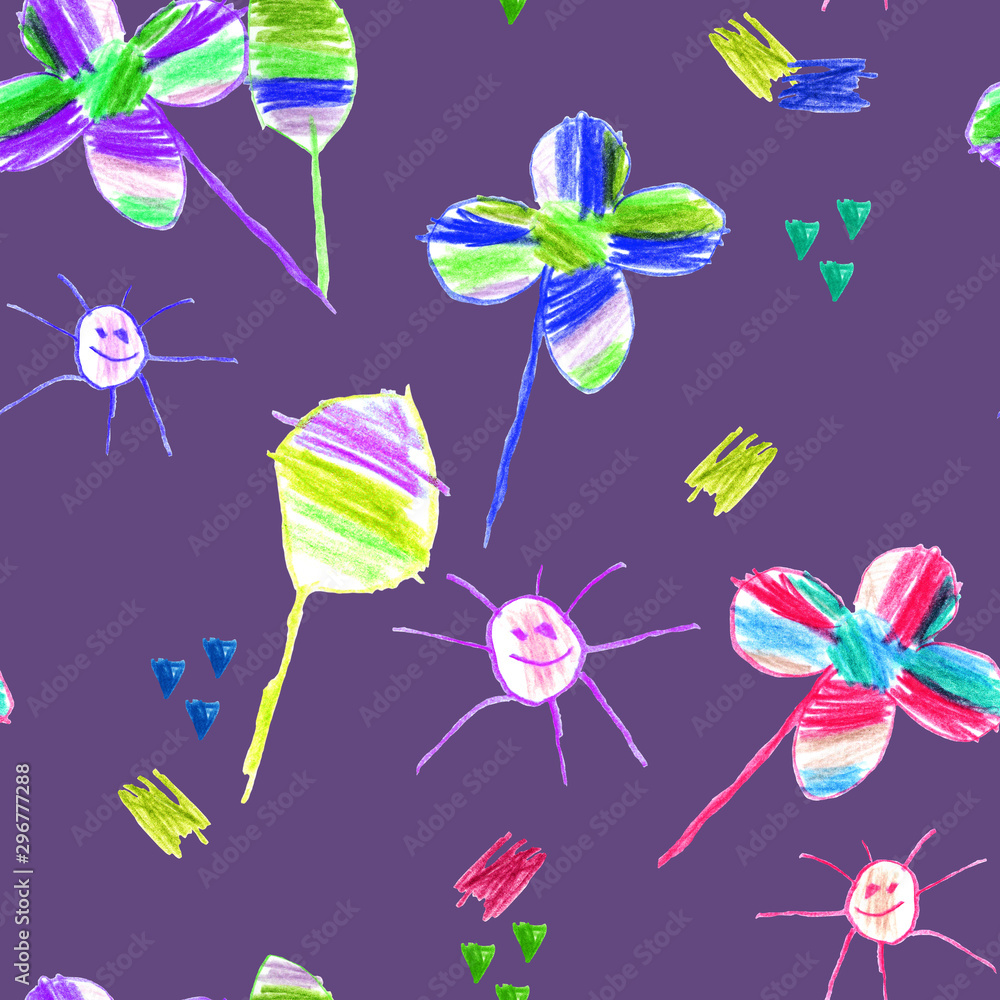 hand-drawn flowers, sun and leaves in a children's style, pattern on a purple seamless background for use in design, textiles, wrapping paper, wallpaper, paper utensils hand-drawn flowers, sun and leaves in a children's style, pattern on a purple seamless background for use in design, textiles, wrapping paper, wallpaper, paper utensils