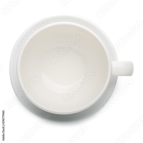 Top view of an empty white coffee cup with a saucer made of ceramic isolated on white background. Clipping path.