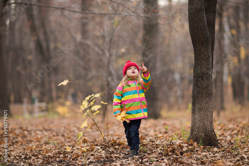 Kid girl in a red cap walk autumn day.