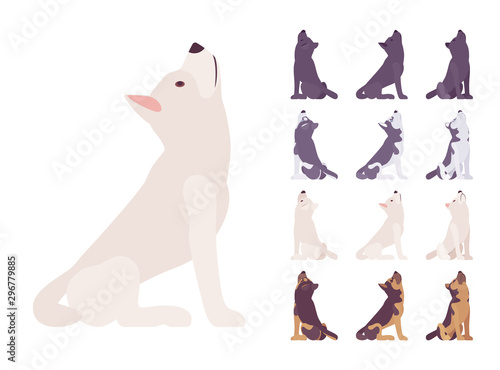 Black, White dog, Husky, Shepherd howling set. Pet, family companion, home guarding, farm or police security breed. Vector flat style cartoon illustration isolated, white background, different views