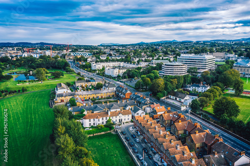 Aerial drone landscape of Blackrock town in Dublin County, Ireland